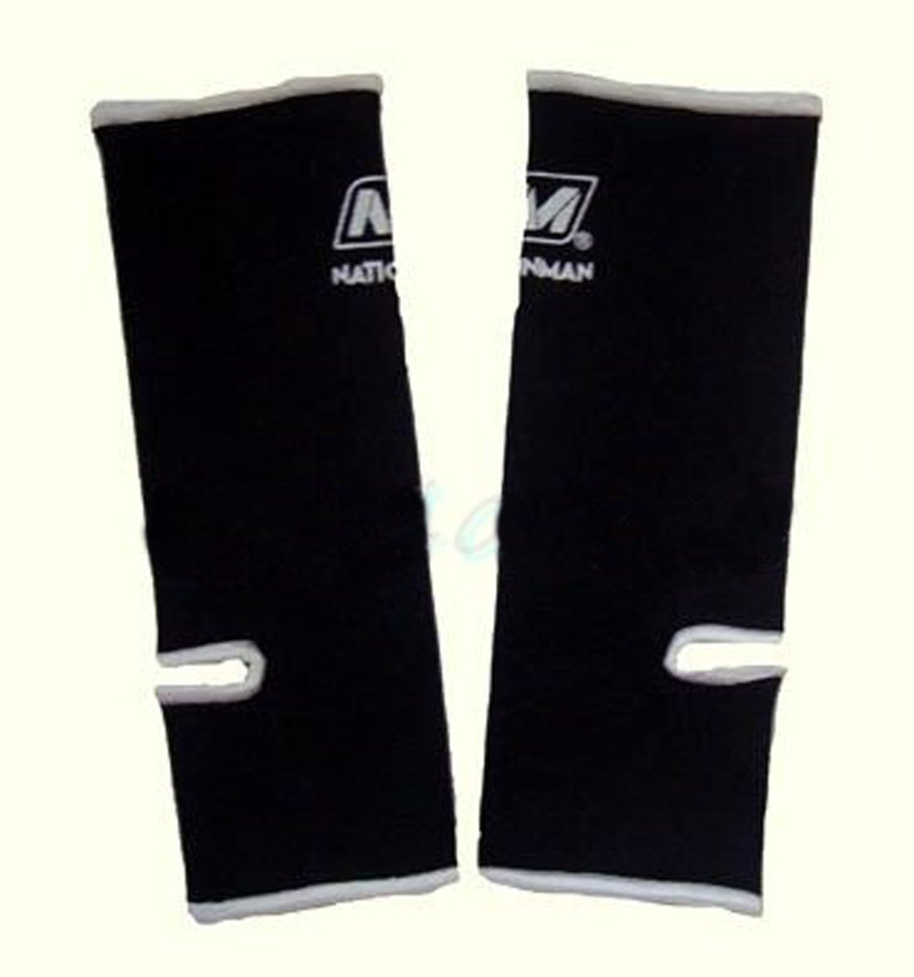 Muay Thai Boxing Ankle Wrap Support (NationMan) Black with White T