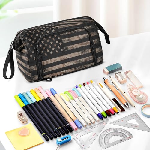 Image of Fisyme Vintage Brown American Flag Pencil Case Large Capacity Pencil Pouch Pen Bags Box Big Makeup Pencil Case Organizer