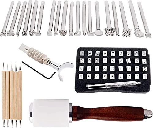 KLLsmDesign Leather Craft Working Suit Set Included Pattern Alphabet Digital Stamp Punch, Dotting Tools, Leather Swivel Knife, Hammer, Roller for Saddle Making, DIY Sculpture Kit