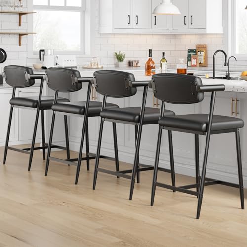 Image of GarveeHome Bar Stools Set of 6 with Arms, 26 inch Modern 6-Piece Counter Height Metal Barstools Set with Back & Footrest, Upholstered Wider Seat, Sturdy Frame, for Counter Bar, Kitchen Island, Retro Black