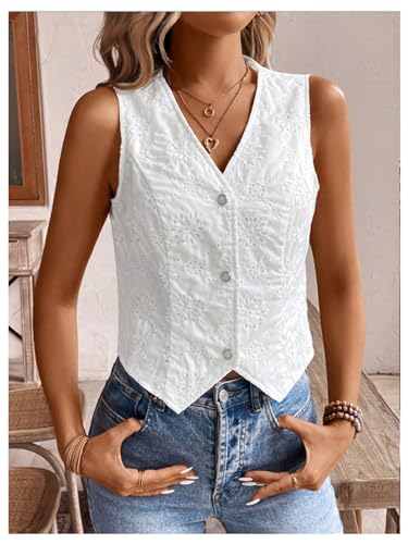 SHENHE Women's Eyelet Embroidery V Neck Button Up Vest Boho Sleeveless Blouse Top3