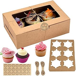 20 Pack Cupcake Boxes 6 Hole with Window and Inserts, Bakery Boxes, Cupcake Carriers Kraft Cup Cake Boxes Cookie Box Pastry Boxes Gift Boxes for Dessert, Muffins, Pies, Party Favors by Gbateri(Brown)