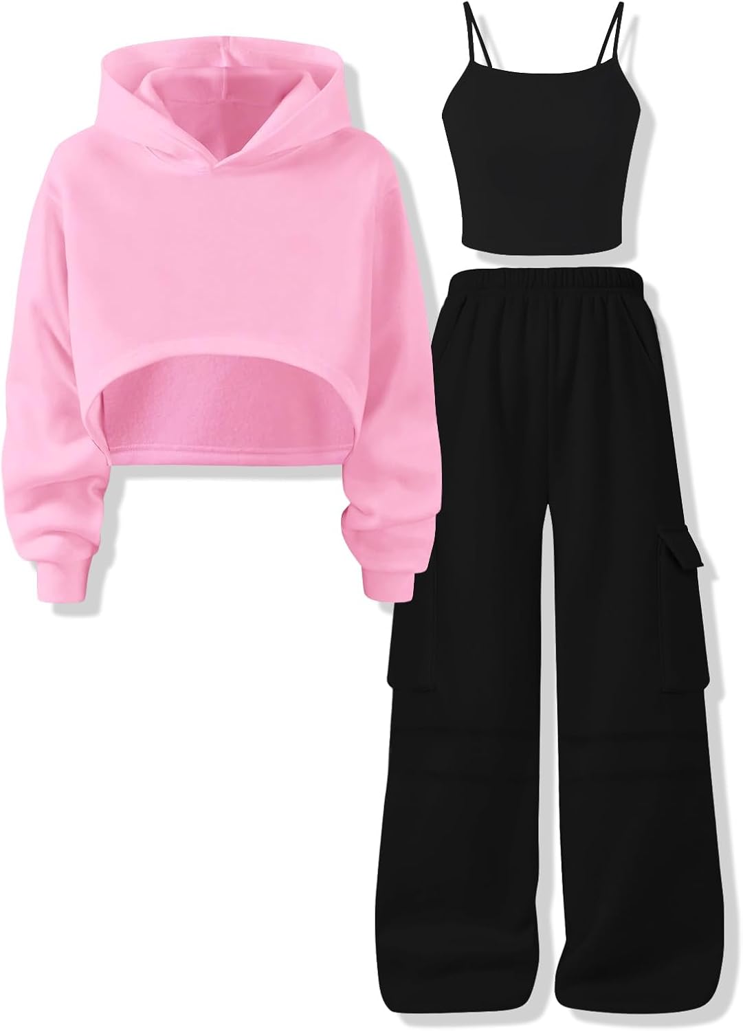 Girls Cute Clothes 3 Piece Cropped Hoodie + Cami Top + Cargo Pants Winter Spring Outfits for Teen Girls Size 7-14Y Black 11-12 Years