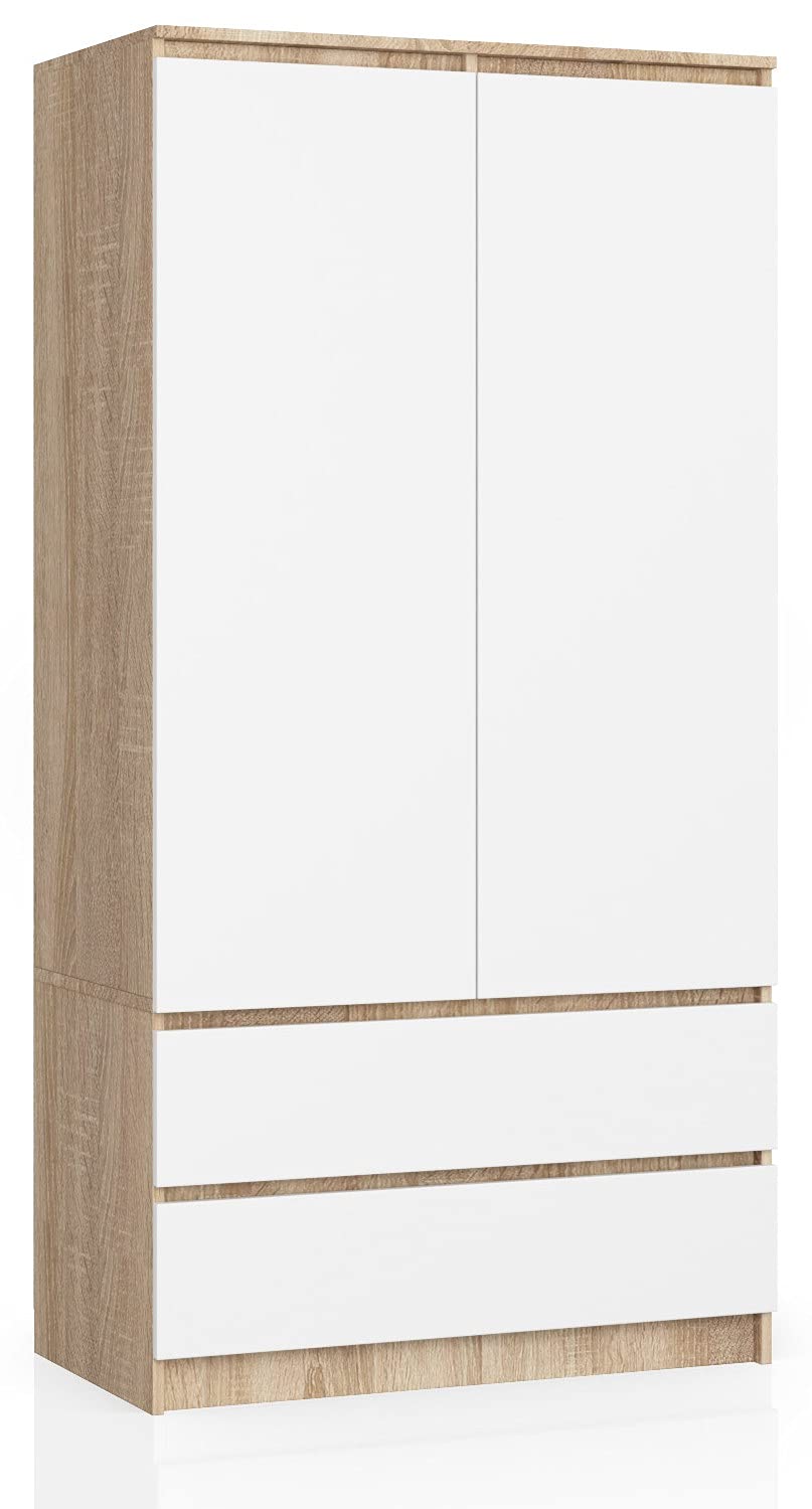 AKORD | Armadio STAR S | 90 cm Due Ante | 2 Cassetti con ripiani e Asta Appendiabiti | Mobiletto Cameretta Camera da Letto | Guardaroba | Pannello in laminato 16 mm | Sonoma & Bianco