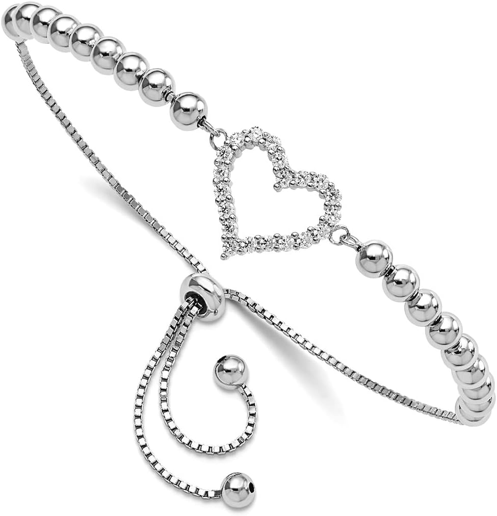 JewelryWeb 925 Sterling Silver Rhodium Plated Beaded Cubic Zirconia Love Heart Adjustable Bracelet 15.07mm Wide Link Bracelet for Women