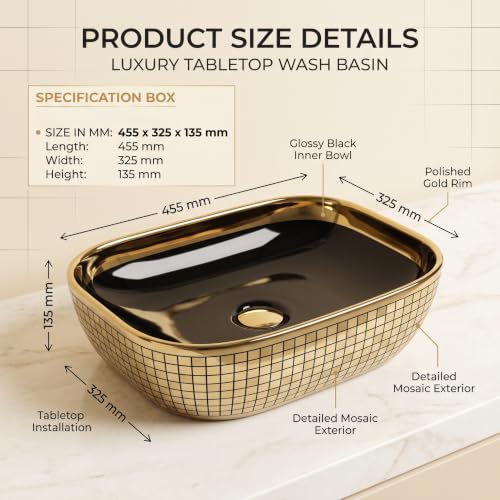 Image of InArt Luxury Tabletop Wash Basin, 455 x 325 x 135 mm, Glossy Black Ceramic Bowl with Multi-Tone Mosaic Gold Exterior, Countertop Bathroom Basin, Non-Overflow, Polished Gold Rim