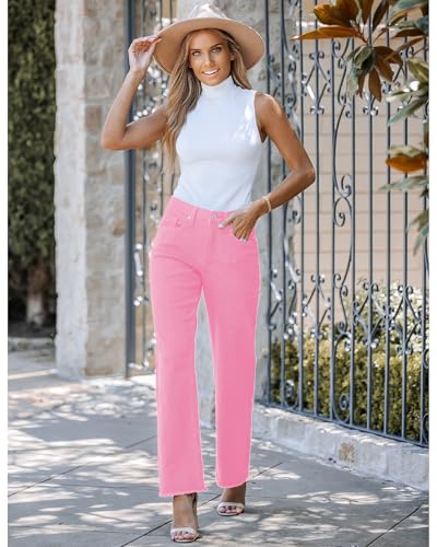 Image of GRAPENT Straight Leg Jeans for Women High Waisted Stretchy Frayed Raw Hem Loose Denim Pants Casual Baggy Jean Trousers