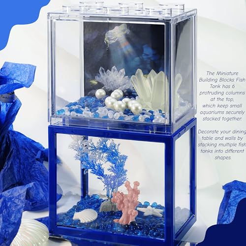 Image of Small Betta Fish Tank, Mini Fish Tank Aquarium Tank Kit with Blue Gravel & Resin Decorations, 0.6 Gallon Stackable Fish Bowl Tiny Desktop Aquarium for Sea Monkey Shrimp (Blue)