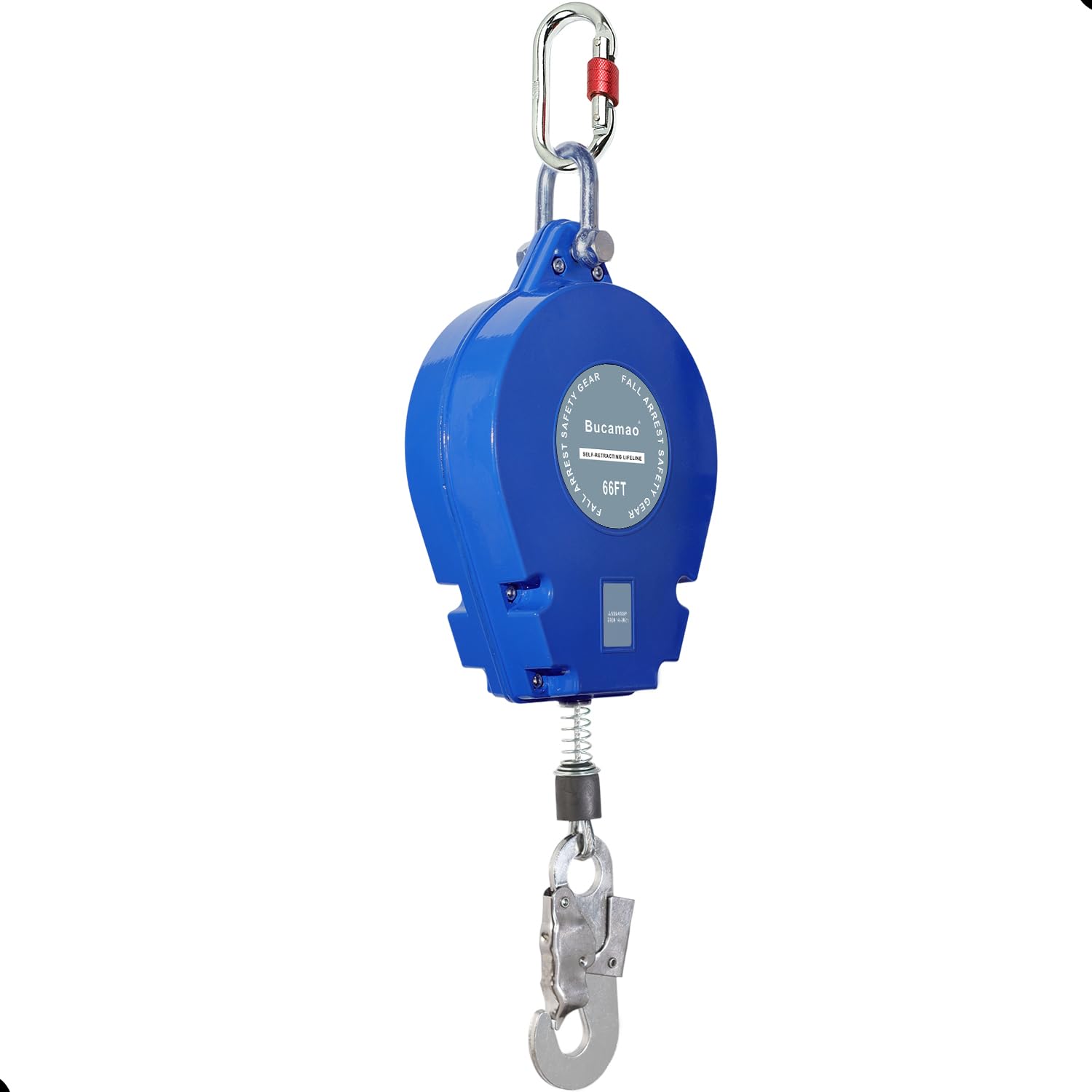 66FT Self Retracting Lifeline, Fall Protection Steel Wire SRL, Aluminum Housing Safety Retractable Lanyard, PPE Roofing Gear