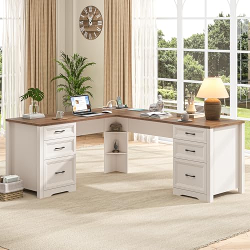 Image of Vabches Wood L Shaped Executive Desk with 6 Drawers, Farmhouse Home Office Desk with Power Outlets and Triangle Under-Desk Storage Shelf & Drawer File Cabinet, Corner Computer Desk, Brown