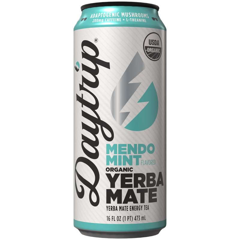 Image of Daytrip Organic Yerba Mate Energy Drink- Clean, Plant Based Caffeine (200mg) with Adaptogenic Mushrooms and Green Tea for Focus and Brain Fog - Low Calorie, Low Sugar (12 Pack Case)