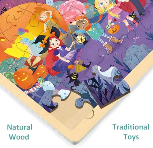 Halloween Puzzles 48 piezas para niños de 3 a 5 años por MoinKidz, rompecabezas de madera con escena de Halloween encantada miniatura 5