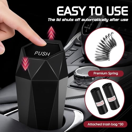 Image of Car Trash Can with Lid, Mini Car Trash Cup with 30 Additional Trash Bags, Car Accessories for Interior, Leakproof Vehicle Garbage Bin for Car, Home, Office - 2 Packs, Black