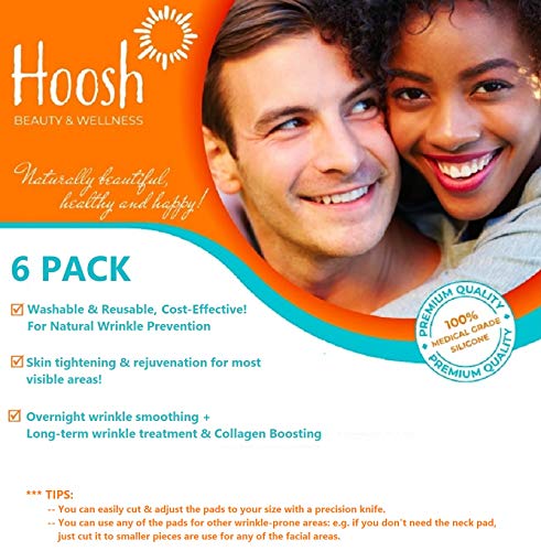 Hoosh Face Silicone Pads for Wrinkles (6 Pcs, Reusable), Overnight Hydrating Anti Aging Patches, Botox Tape for Neck, Forehead, Eyes & Smile Lines Treatment, Face & Under Eye Smoothing Mask For Women