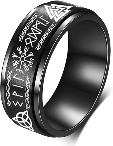 FLYUN Anillos vikingos nórdicos para hombre, anillo de acero inoxidable negro con runas celtas