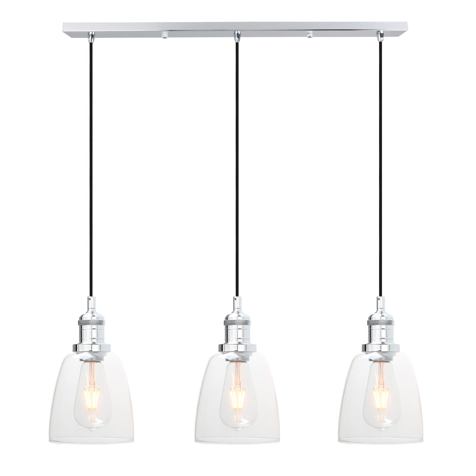 Phansthy Retro 3 Head Chandelier Pendant Light with 2m Adjustable Hanging Cord Bell Glass Shade Ceiling 3 Light Modern Hanging Lamps for Kitchen Bar Bedroom Living Room Dining Room (Chromed)