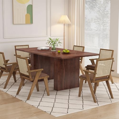 Image of QHITTY 78 Inch Fluted Dining Table, Wood Kitchen Table for 6 to 10, Farmhouse Long Rectangle with Strip Base for Dining Room, Kitchen Walnut