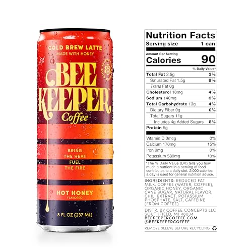 Image of Beekeeper Hot Honey Latte Cold Brew Coffee Drinks with Oregon Honey | 12 Pack Refreshing Iced Coffee - Unsweetened & Strong Arabica Brew, 8 fl oz Ready-to-Drink Can - 180mg Natural Caffeine