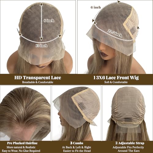Image of Straight Highlight Lace Front Wig Human Hair 180% Density 13X6 HD Balayage Glueless Wigs Human Hair Ombre Light Brown Mixed Chestnut Brown with Ash Blonde Lace Front Wig Pre Plucked Hairline 32 Inch