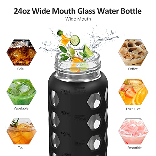 Mukoko 32Oz Glass Water Bottles With 2 Lids-Handle Spout Lid&Bamboo Straw Lid, Motivational Water Tumbler With Time Marker Reminder And Silicone Sleeve, Leakproof-Black-1 Pack #TOP4