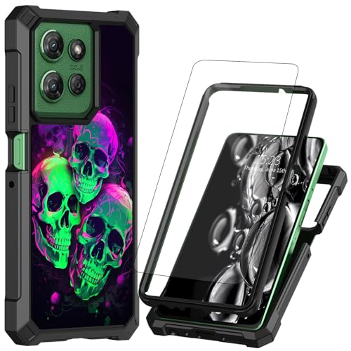 ACWDMKH for Motorola Moto G Power 5G 2025 Case with Screen Protector [Tempered Glass] Dual Layer Protection Shockproof Corner Silicone Phone Case for Moto G 5G Power 2025,Green Purple Skull