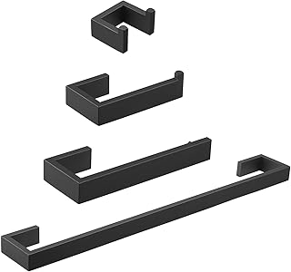 Hoimpro 4 Piece Bathroom Accessories Set (Towel Bar, Hand Towl Holder Towel Rack, Paper Holder, Double Towel Hooks), Wall Mounted Bath Hardware Accessory Fixtures Set, Stainless Steel/Matte Black