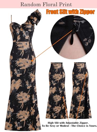 Image of VFSHOW Womens Ruffle One Shoulder Strap Ruched Formal Prom Wedding Maxi Dress V Neck Elegant Split Cocktail Evening Long Gown