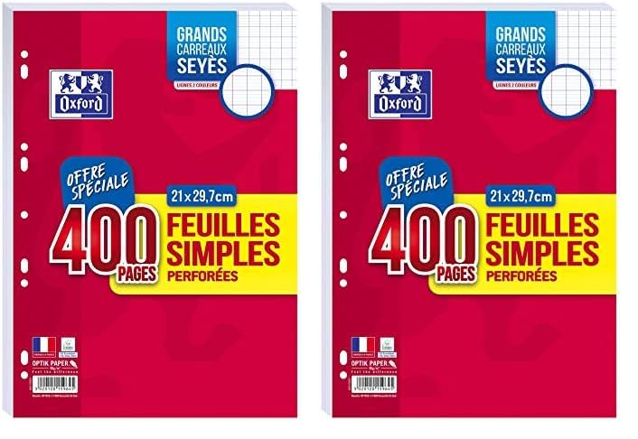 OXFORD Lot de 800 Pages Feuilles Simples Grands Carreaux Seyes Format A4 (21x29,7cm) Perforees