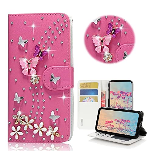 STENES Bling Wallet Phone Case Compatible with iPhone 15 Pro Max Case - Stylish - 3D Handmade S-Link Butterfly Floral Magnetic Wallet Stand Girls Women Leather Cover - Hot Red