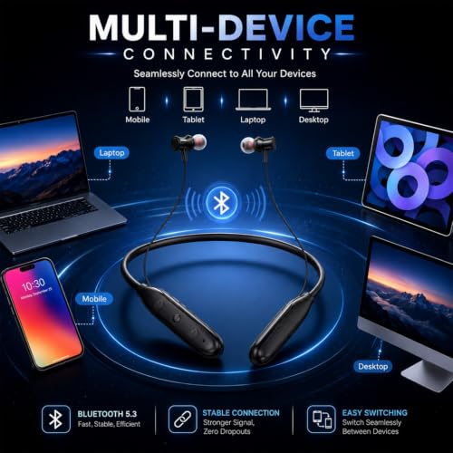 Image of Kratos Jazz Neckband Bluetooth Headphones with 55H Playtime, Deep Bass, Stereo Sound, HD Calls, Magnetic Earbuds, Voice Assistant, Type-C Fast Charging, Rich Audio, Comfort Fit Bluetooth Neckband
