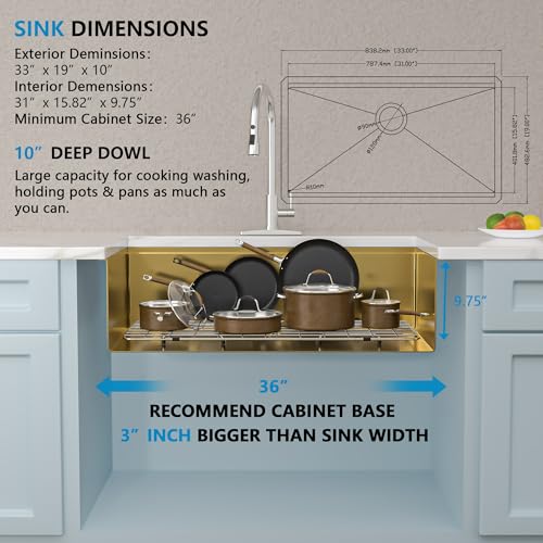 Image of 33 Undermount Kitchen Sink Gold - Fulorni 33 inchx19 inch Kitchen Sink Brushed Gold NANO-PVD Ledge Workstation 16 Gauge 304 Stainless Steel Under Counter Single Bowl Basin