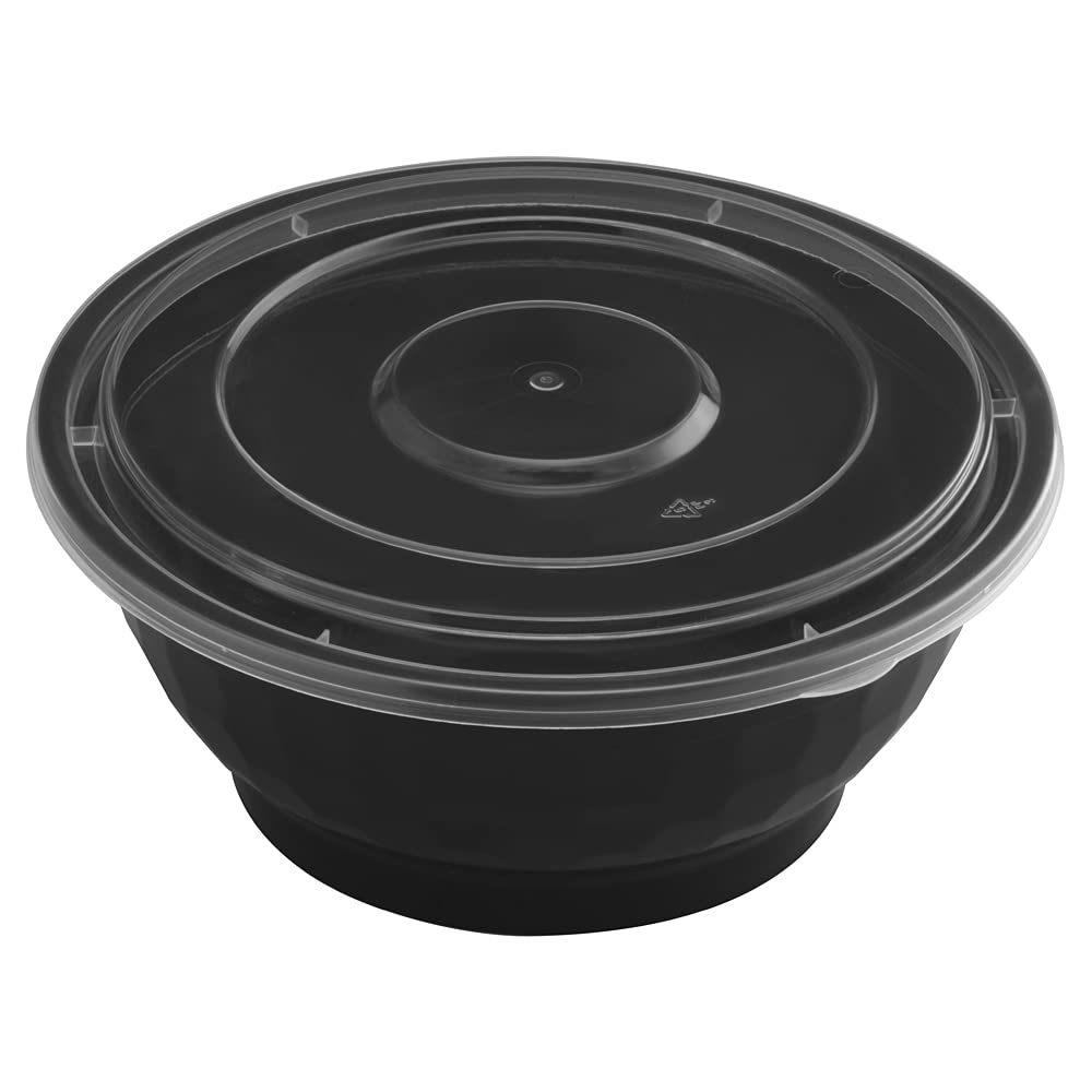 TIYA Food Takeout Bowls - Black Plastic Storage To-Go Containers - Reusable Microwavable Dishwasher Safe Restaurant Bowls - Leak Resistant for Soups & Meal Prep (36 oz Bulk 120 Pack with Clear Lids)
