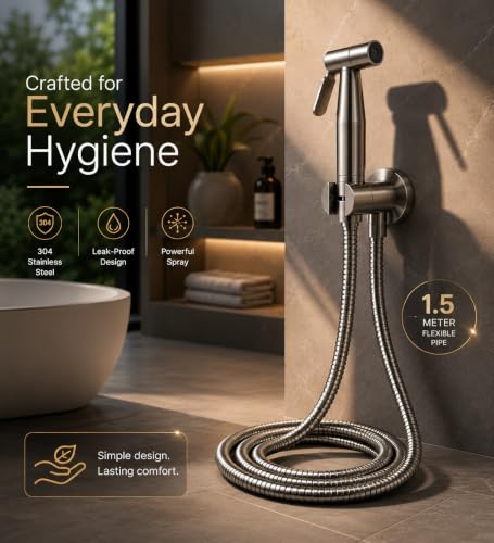 Image of Handheld Bidet Sprayer for Toilet, SS-304 Stainless Steel, Chrome Finish, with 1.5 Metre Kink-Free Hose Pipe, Leak-Proof
