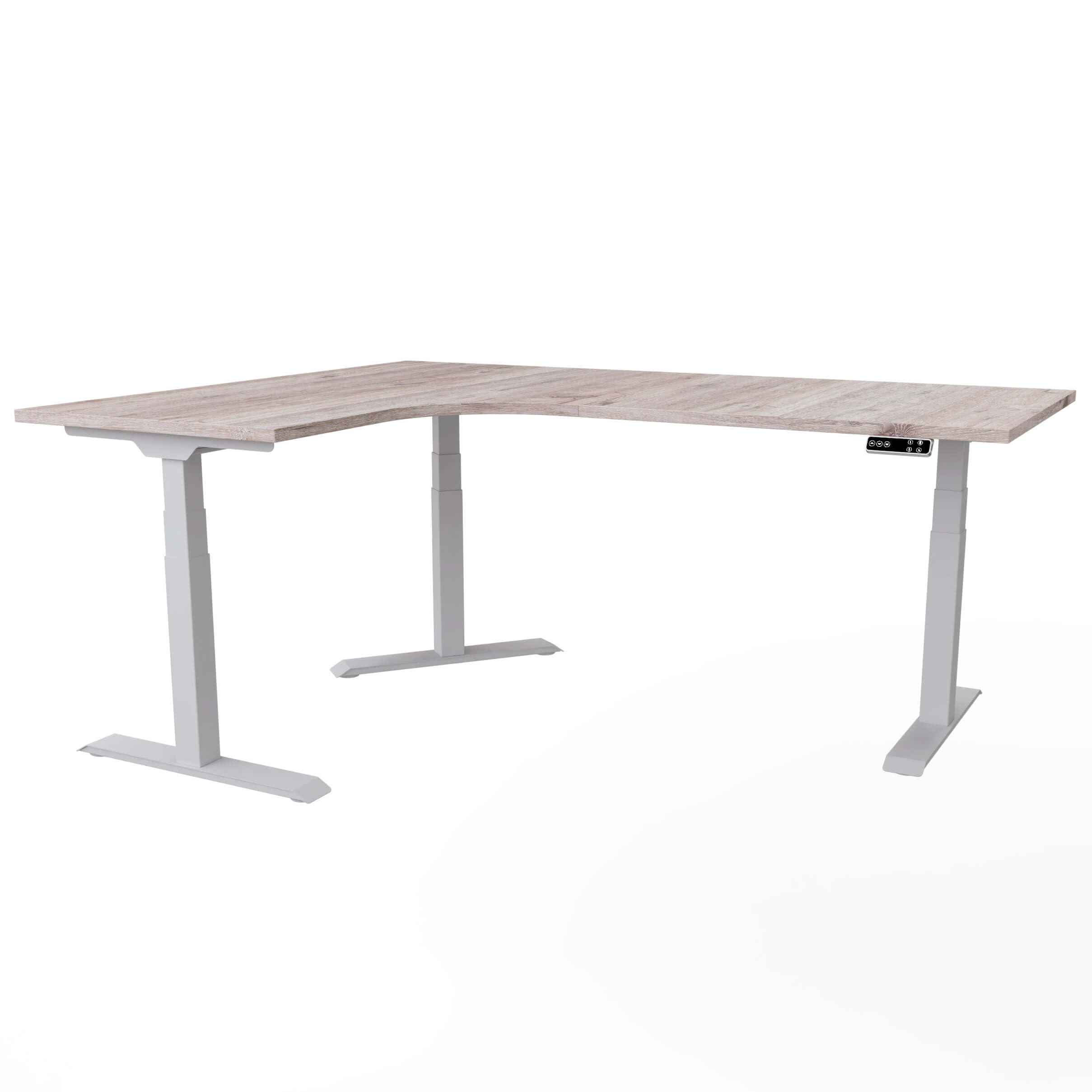 Eigentlich Elektrisch höhenverstellbarer Eckschreibtisch Gestell Silber, Winkelschreibtisch 90 Grad, Schreibtisch Triple Motor, Sitz-Stehschreibtisch Memoryfunktion (Eiche modern, Lange Seite rechts)