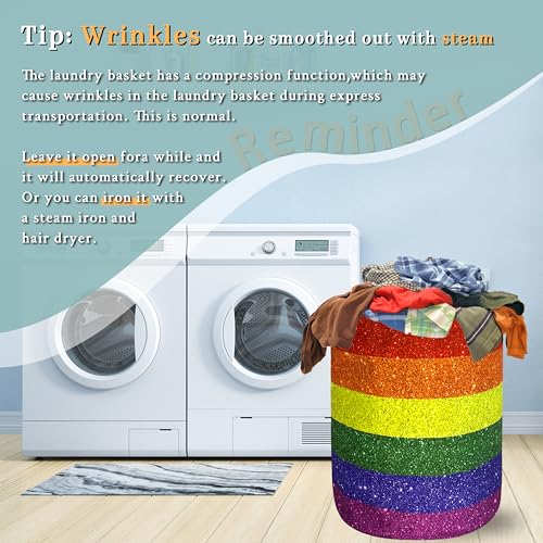 Image of Shiny Rainbow Laundry Basket Oxford Cloth Foldable Hamper 18.9x16.5 Inch | With Handle Tote Bag Colorful Laundry Hamper Clothes Storage Bucket Toy Organizer For Bathroom /Laundry /Bedroom