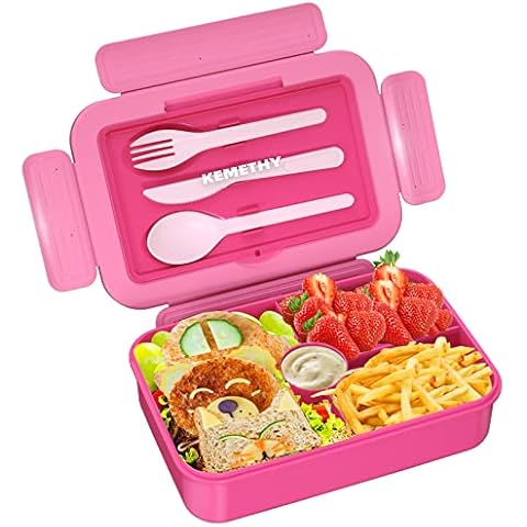 Bento Lunch Box for Kids, 4 Compartment Lunch Boxes Kids, Cutlery Storage Built-in Utensil Set, Leak-proof, Thicken, Microwave/Dishwasher/Freezer Safe, BPA-Free, Pink Cover