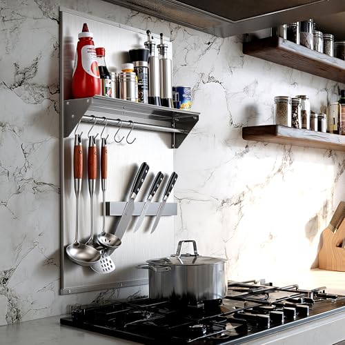 Image of Wilprep Range Backsplash, 24 inchx30 inch Stainless Steel Backsplash with Storage Shelf & Magnetic Knife Rack, Range Hood Stainless Steel Backsplash for Stove, Range Hood Wall Shield with Pre-Drilled Holes