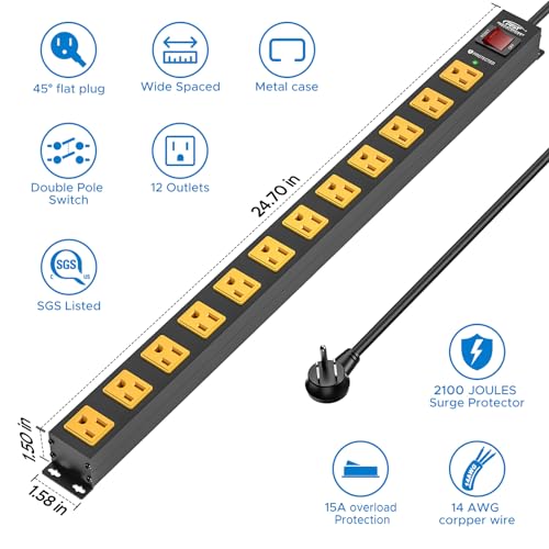 CRST Regleta de alimentación de 12 salidas, protección contra sobretensiones de 2100J, enchufe plano, barra de energía montable de metal con interruptor térmico de 15A, cable de extensión 14AWG de 6 pies para taller y garaje miniatura 2