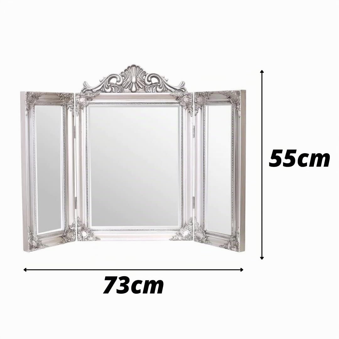 HomeZone Espejo de tocador dorado de pie, triple plegable, de cristal ornamentado, para baño, dormitorio, tocador