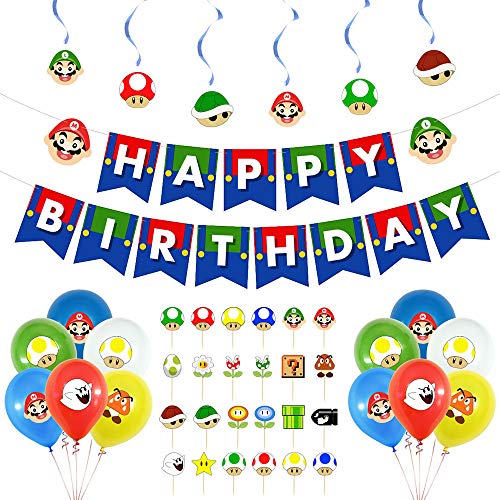 Mario Birthday Party Supplies Set with Mario Balloons Mario Happy Birthday Banner Cake Toppers Spiral ornaments for Mario Party Decorations