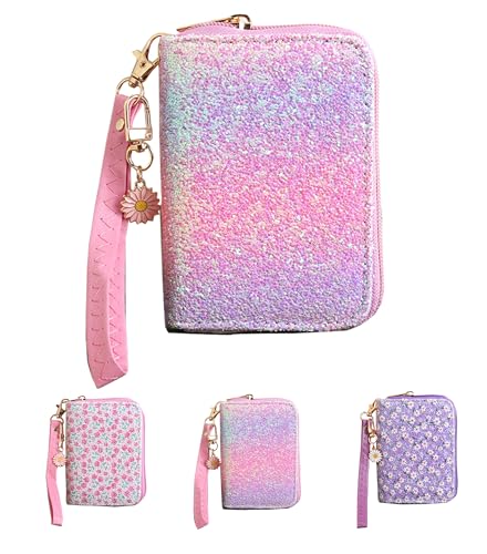 AACKS Carteira de flores com alça para meninas, bolsa de moedas, pequena e fofa, carteira para meninas adolescentes com bolso para moedas, carteira de cerejeira, Pingente de flor rosa, Carteira