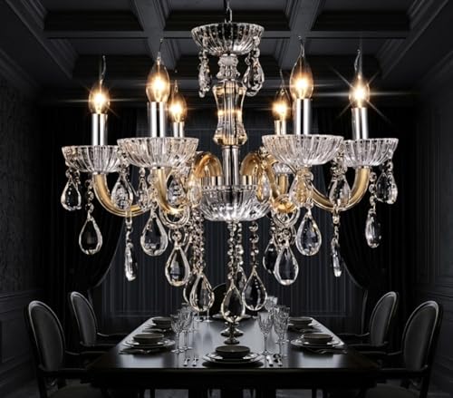 Image of Sanleen Crystal Candle Chandelier, 6-Light Candle Fixture with Curved Arms, Glass Cups and K9 Crystals,Italian Style (Bulb Included)