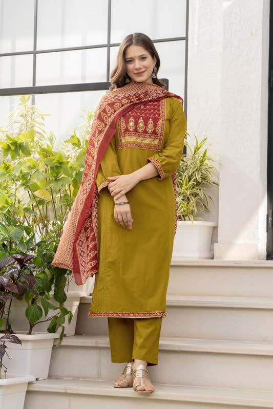 Image of Amayra Women's Cotton Straight Kurta Set with Palazzo Pants & Dupatta- Ethnic Wear