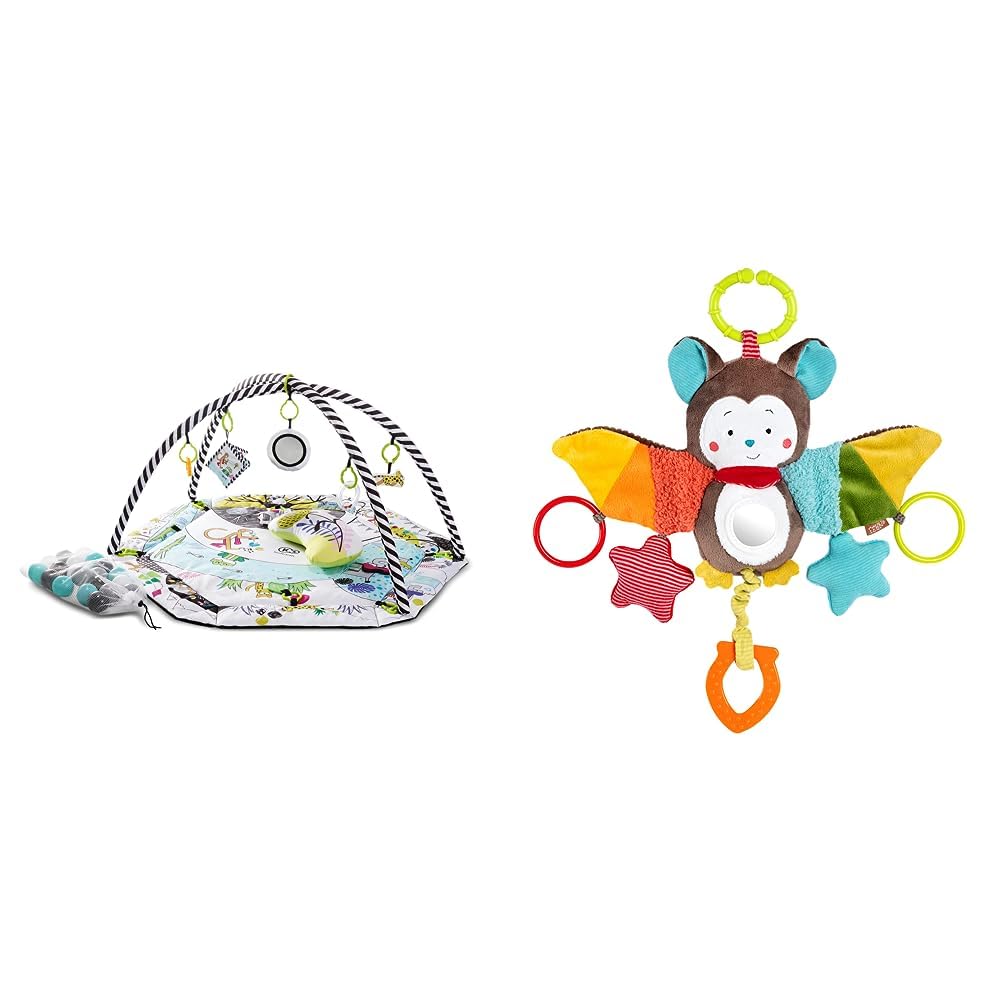Kinderkraft Spieldecke SMARTPLAY, Erlebnisdecke, Spielmatte mit Spielbogen & Fehn Activity-Spieltier Fledermaus – Baby Motorikspielzeug für Kinderwagen