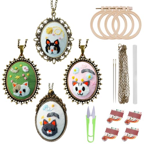 Image of ZOCONE New 4 Packs Embroidery Necklace Kits, Embroidery Pendant Kit Mini Cross Stitch Kit with Hoop, Necklace, Pendant, Stamped Pattern Cloth, Instructions, etc., Embroidery Kits for Adults