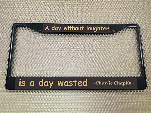 Custom Personalized Black Powder-Coated Metal Laser Engraved Standard Size (6”X12”) - Car/Automobile License Plate Frame With Free Caps - Black/Gold Text (Qty: 1 Frame) #TOP3