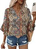 EVALESS Business Casual Outfits for Women 2026 Fashion Trendy Dressy V Neck Ruffle 3/4 Length Sleeve Tops Shirts Summer Boho Work Chiffon Clothes,Brown Medium