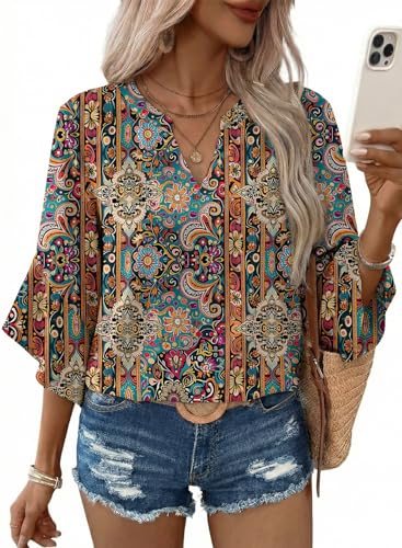 EVALESS Business Casual Outfits for Women 2026 Fashion Trendy Dressy V Neck Ruffle 3/4 Length Sleeve Tops Shirts Summer Boho Work Chiffon Clothes,Brown Medium