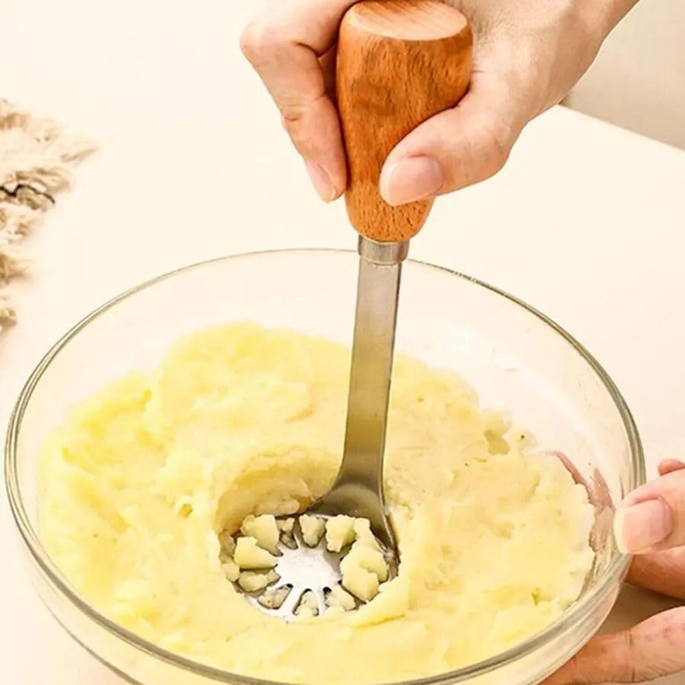 Kartoffelstampfer aus Edelstahl, manuelle Lebensmittelpresse mit Holzgriff, perfekt für Avocado-Kartoffelpüree und glatte Babynahrung