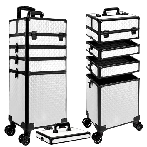 Image of 5 in 1 Rolling Makeup Train Case on Wheels Large Cosmetic Organizer Travel Cart for Women Beauty Salon Barber Hairstylist White